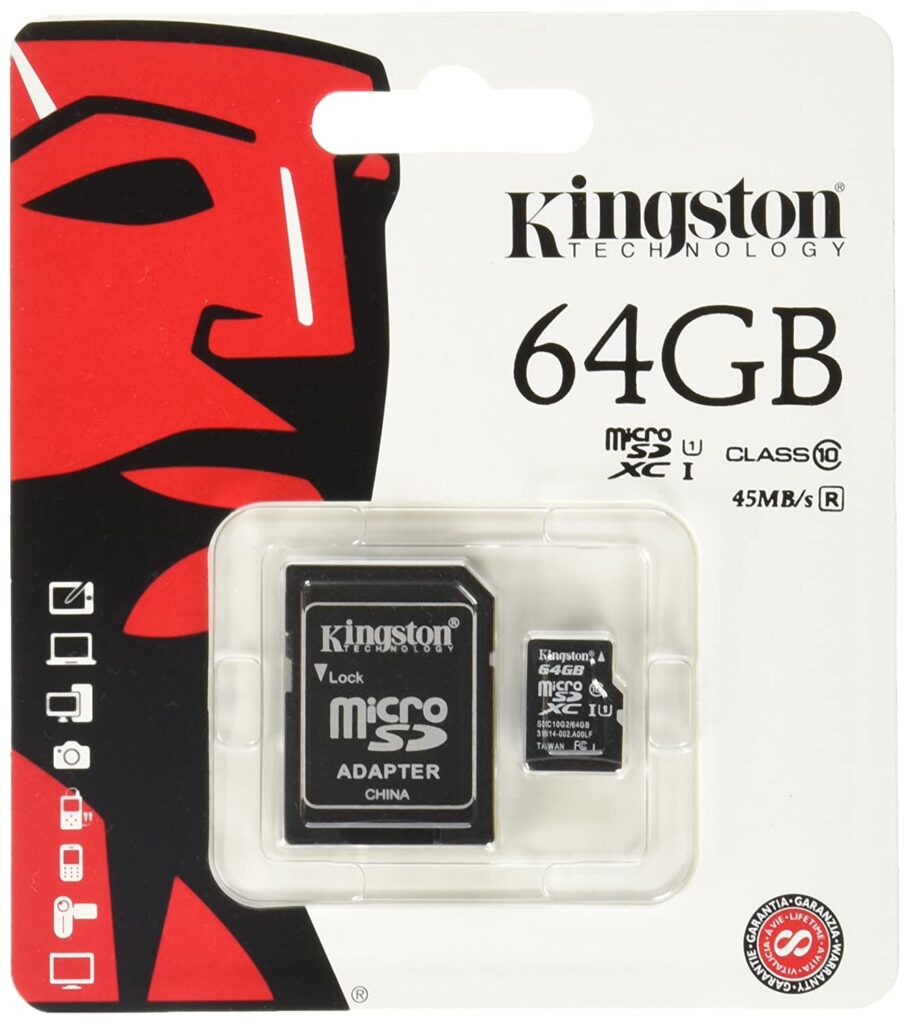 64GB Kingston Micro SD Memory Card with Adapter – Class 10