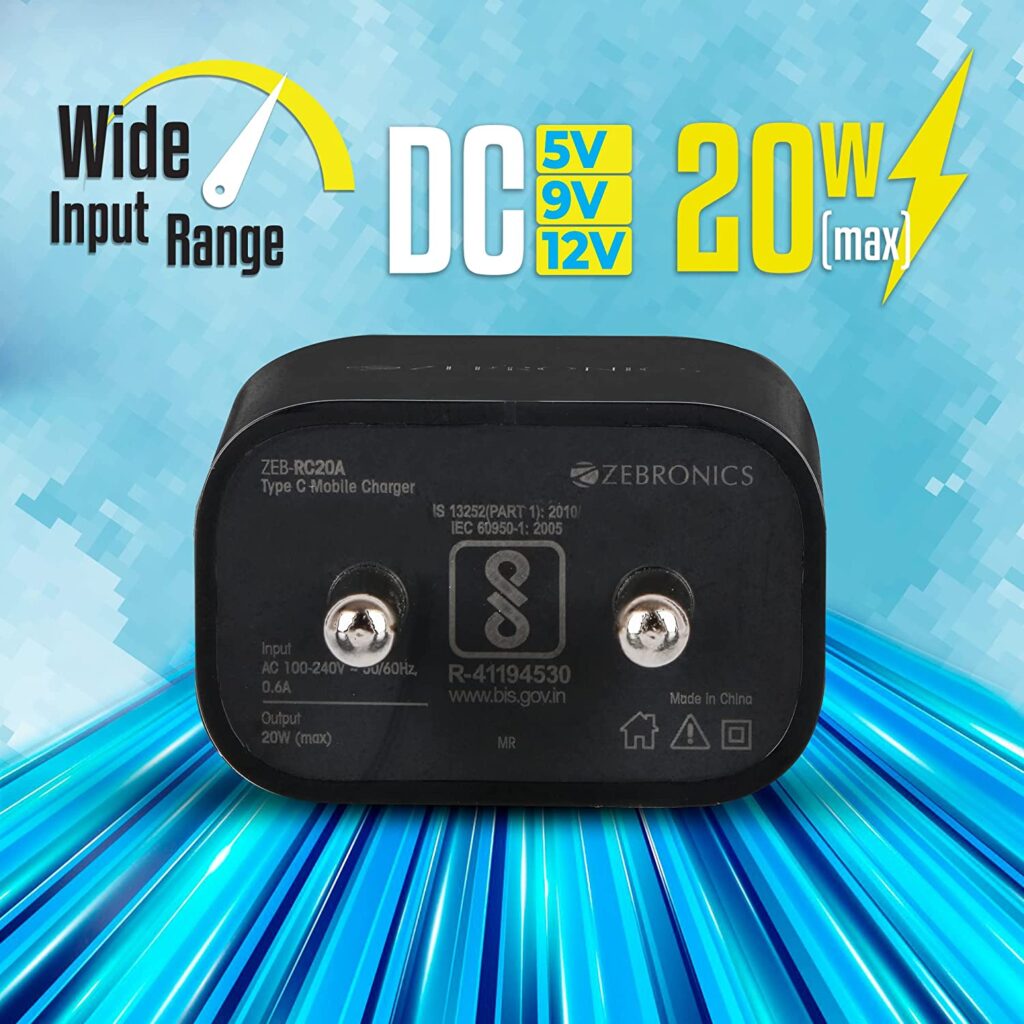 Zebronics ZEB-RC20A 20W Type-C Port Rapid Charge Adapater Plug Only