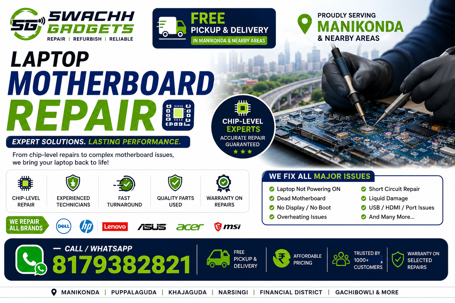 Laptop motherboard chip-level repair service in Manikonda Hyderabad